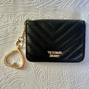 Victoria's Secret Black Quilted Leather Wallet Card Holder ID Case with chain
